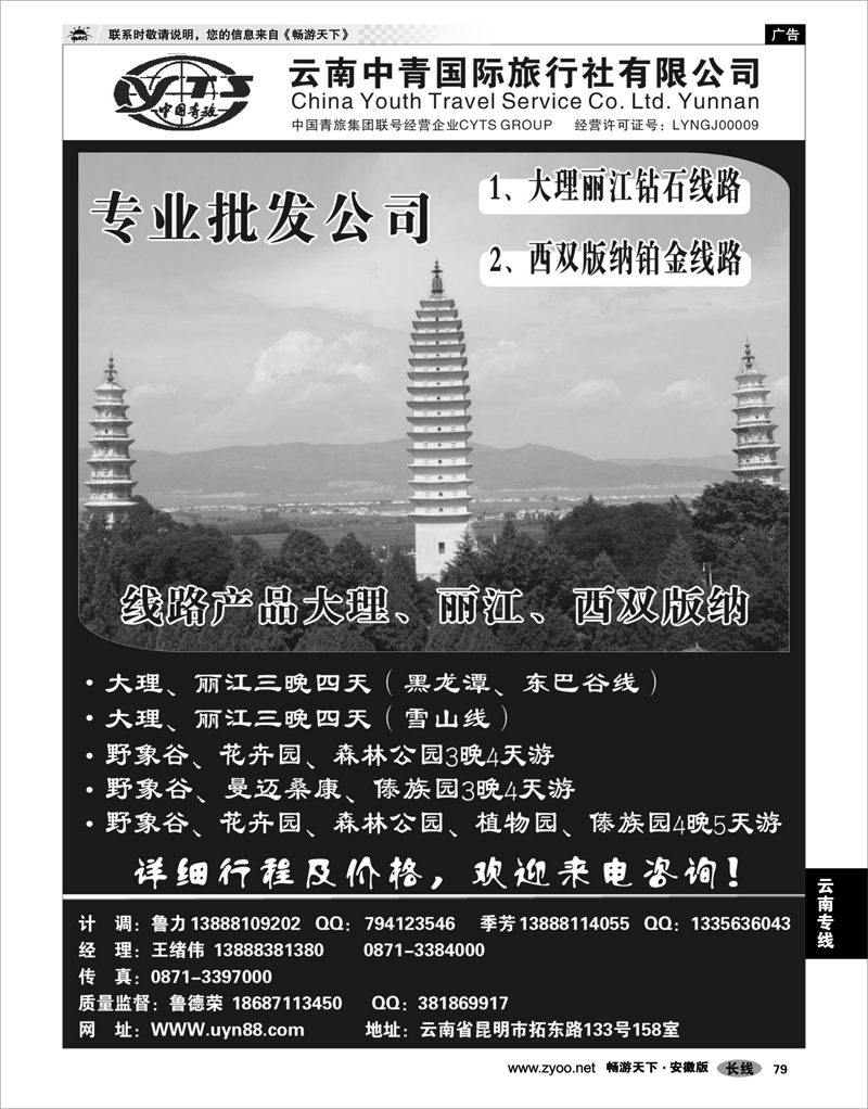79 云南专线 云南中青国际旅行社—昆大丽专线