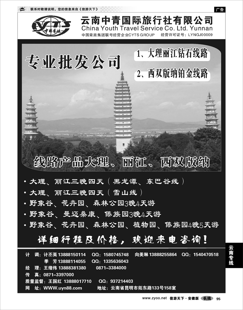 95 云南专线 云南中青国际旅行社—昆大丽专线