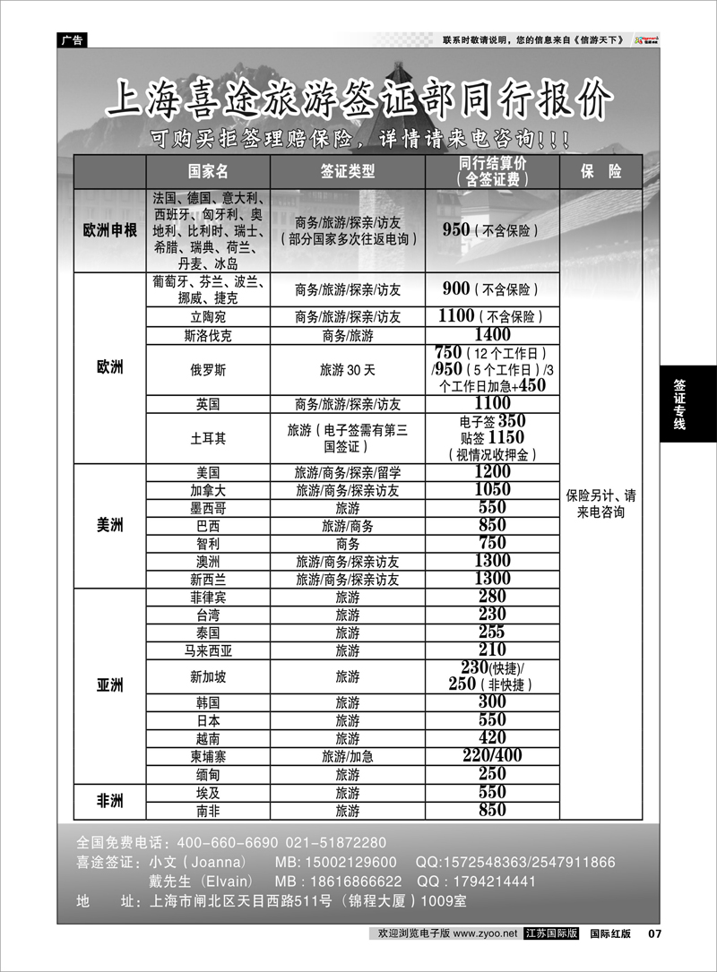 07 上海喜途旅游签证部同行报价 签证专线