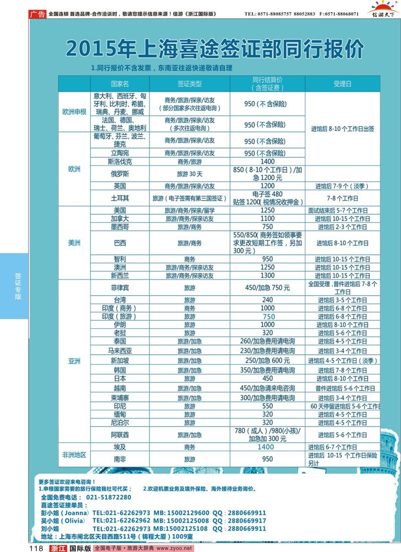 118 上海喜途旅游签证部同行报价 