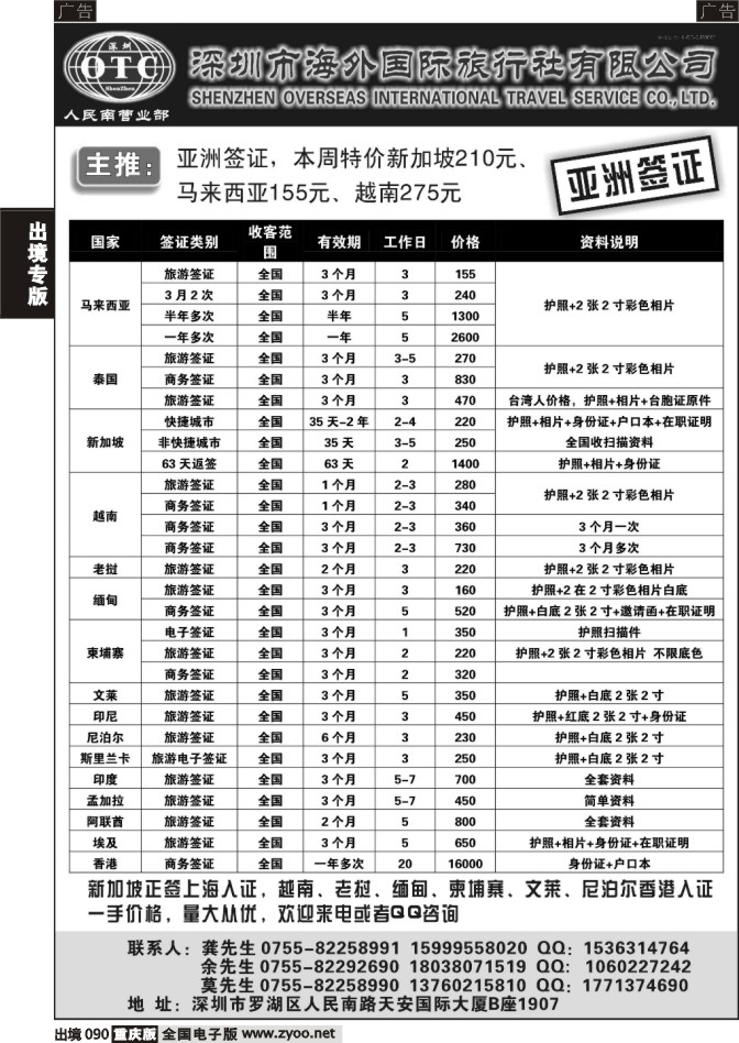 090  深圳海外 亚洲签证