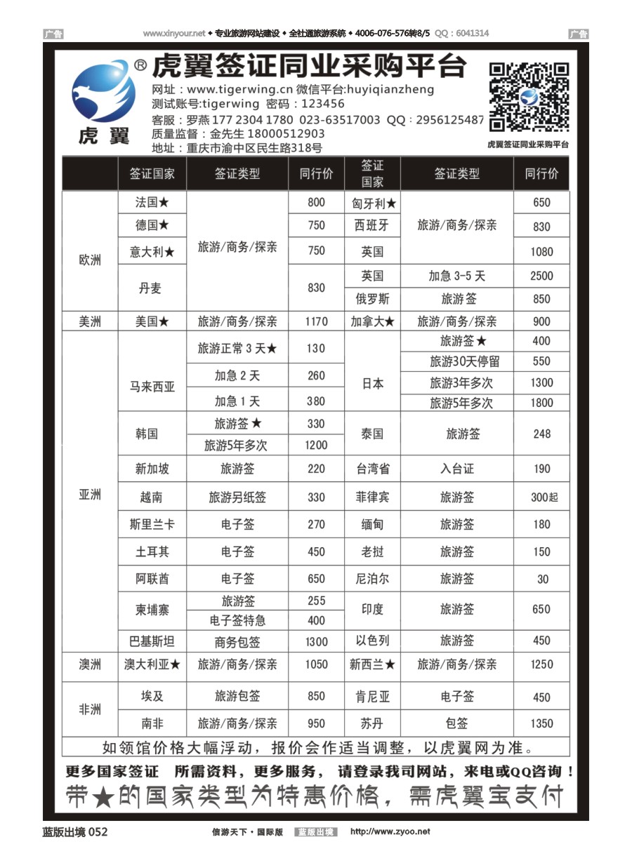 B052 虎翼签证同业采购平台特价信息