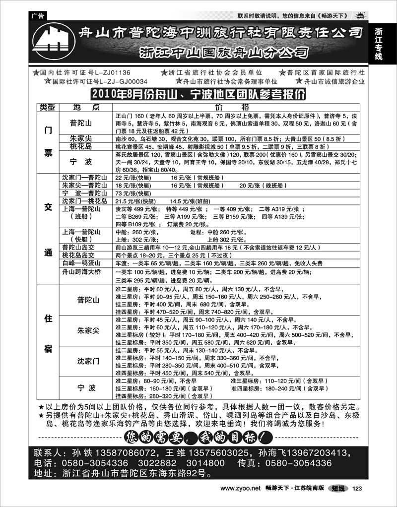 123 浙江专线宁波舟山 舟山普陀海中洲旅行社