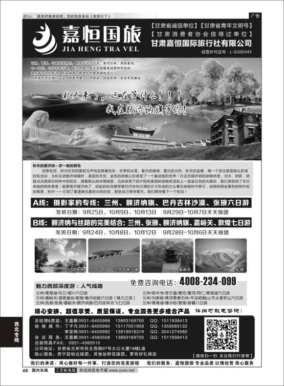 48 甘肃嘉恒国际旅行社有限公司 ｛01268｝ 西北专线