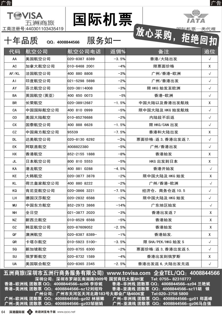 b黑064  五洲商旅(国际机票)
