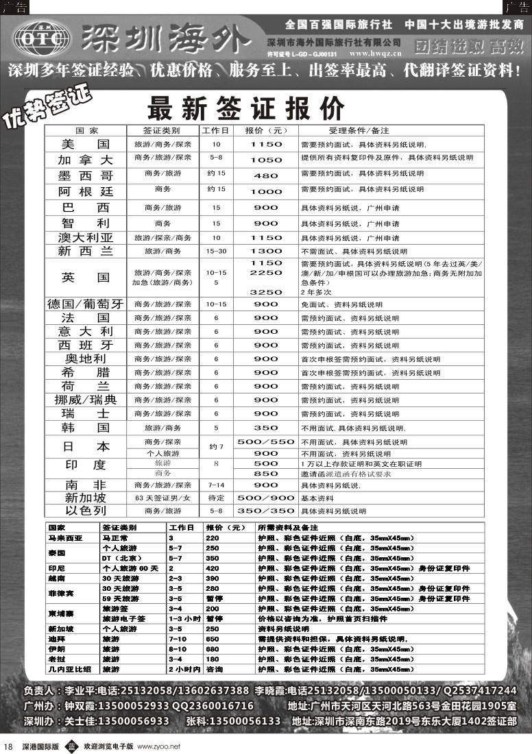 b黑018  深圳海外国旅签证部 