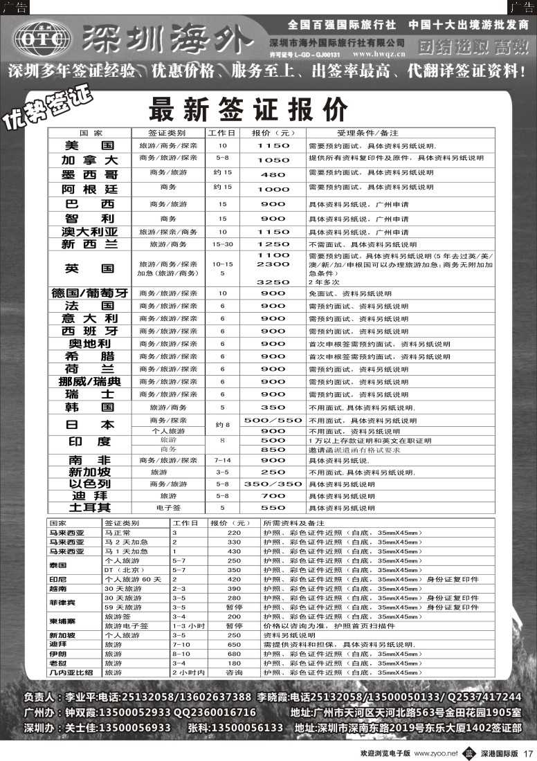 b黑017  深圳海外国旅签证部 