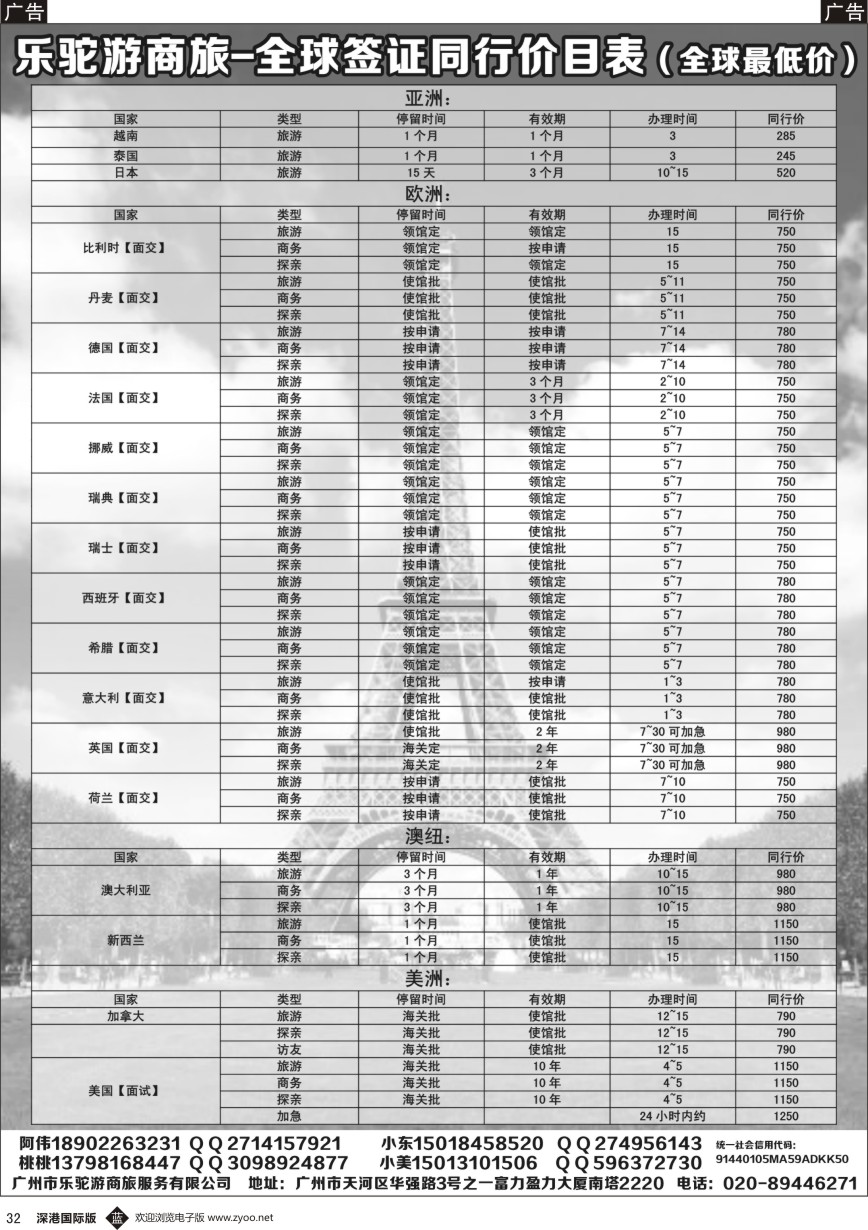 b黑032  乐驼游商旅-全球签证同行价目表（全球最低价）