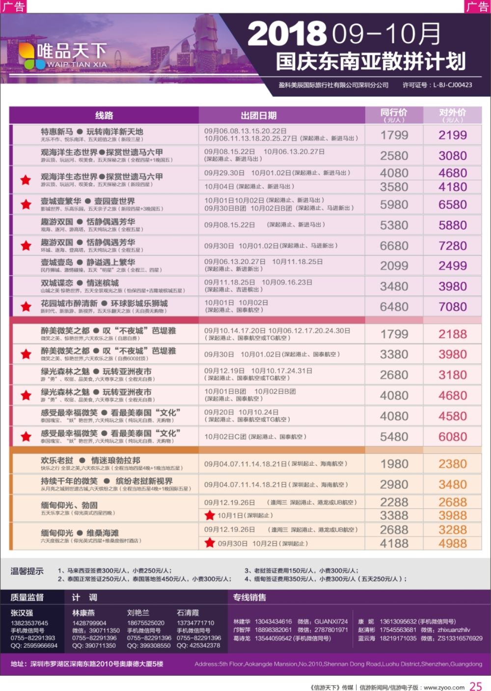 r彩025  唯品天下—东南亚2018年9-10月、国庆散拼计划