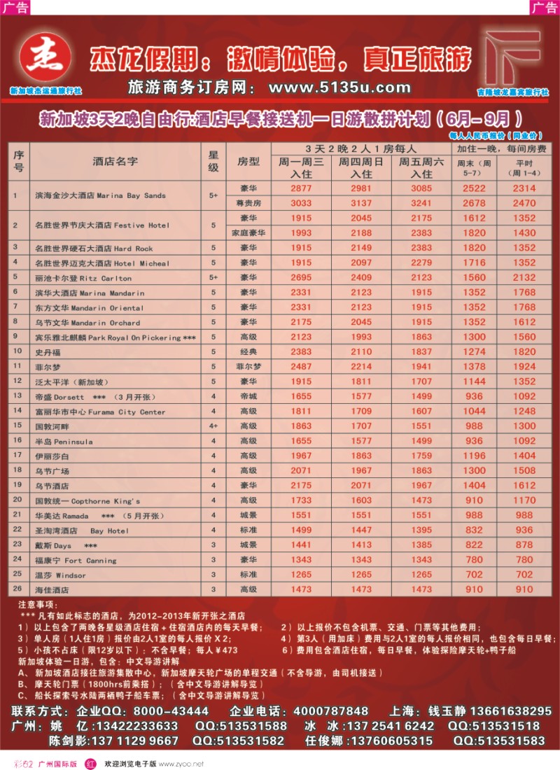 彩r062  杰龙假期—新加坡自由行套餐：2人成行，天天出发2
