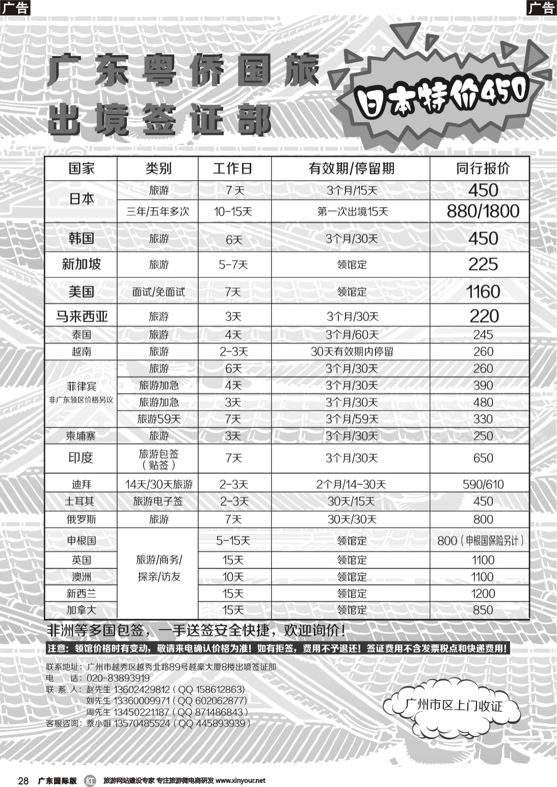 r028 粤侨国旅出境签证部同行报价｛09985｝广东国际版