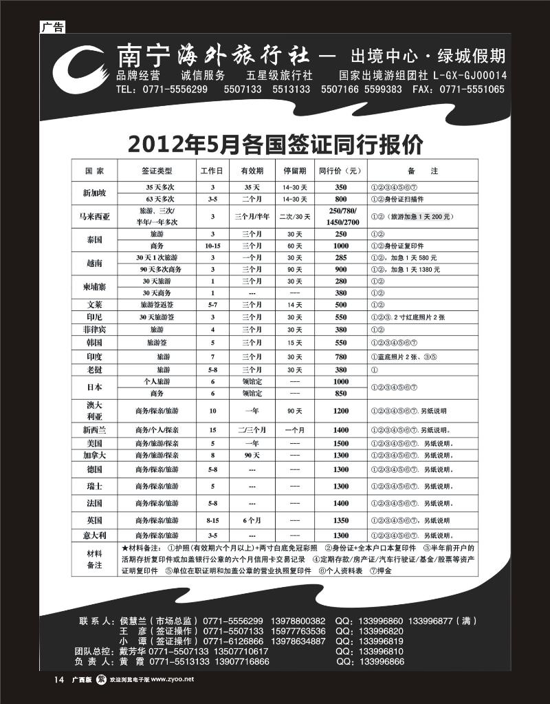 红版单彩紫14南宁海外出境中心（绿城假期）-各国签证专版