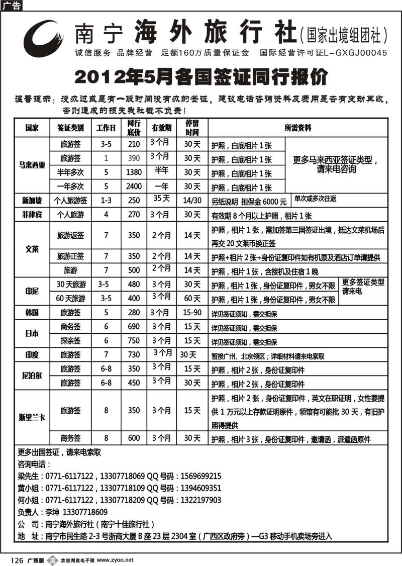 b126南宁海外旅行社—同行签证