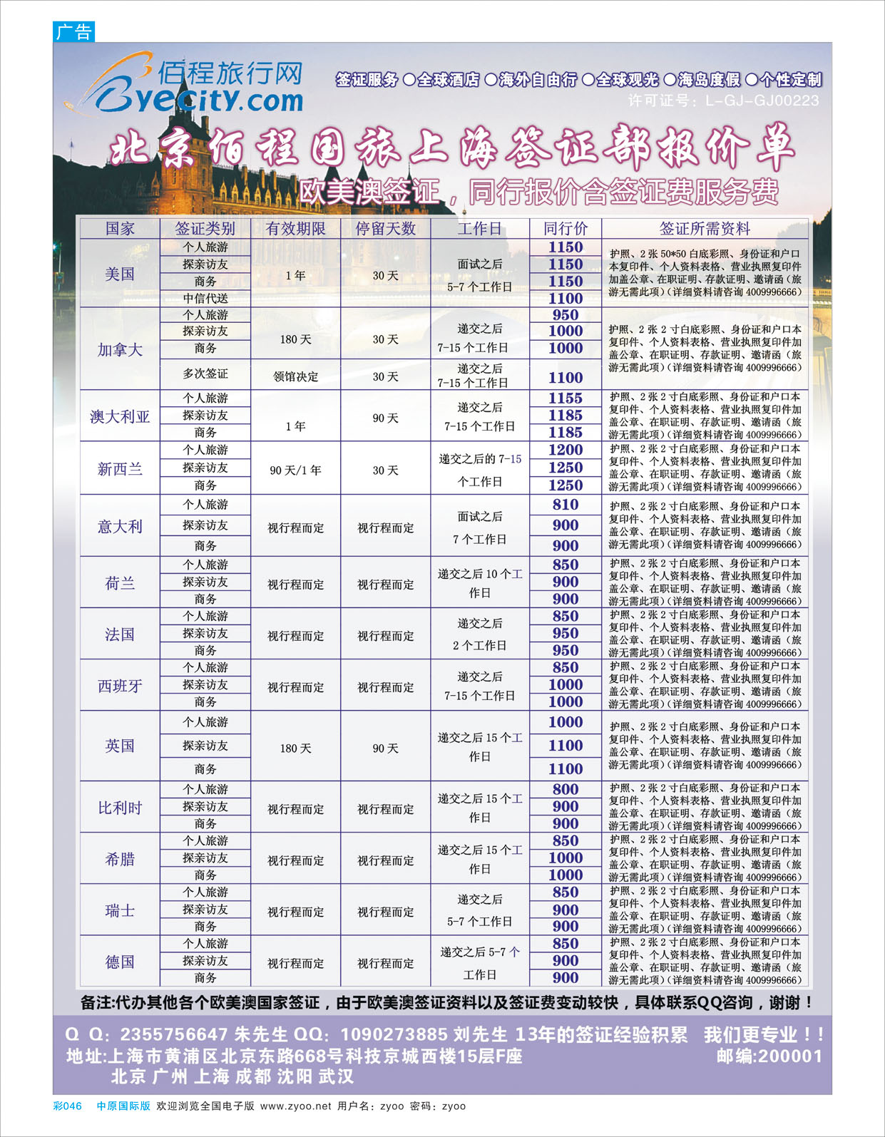 B彩046 北京佰程国旅-上海签证部