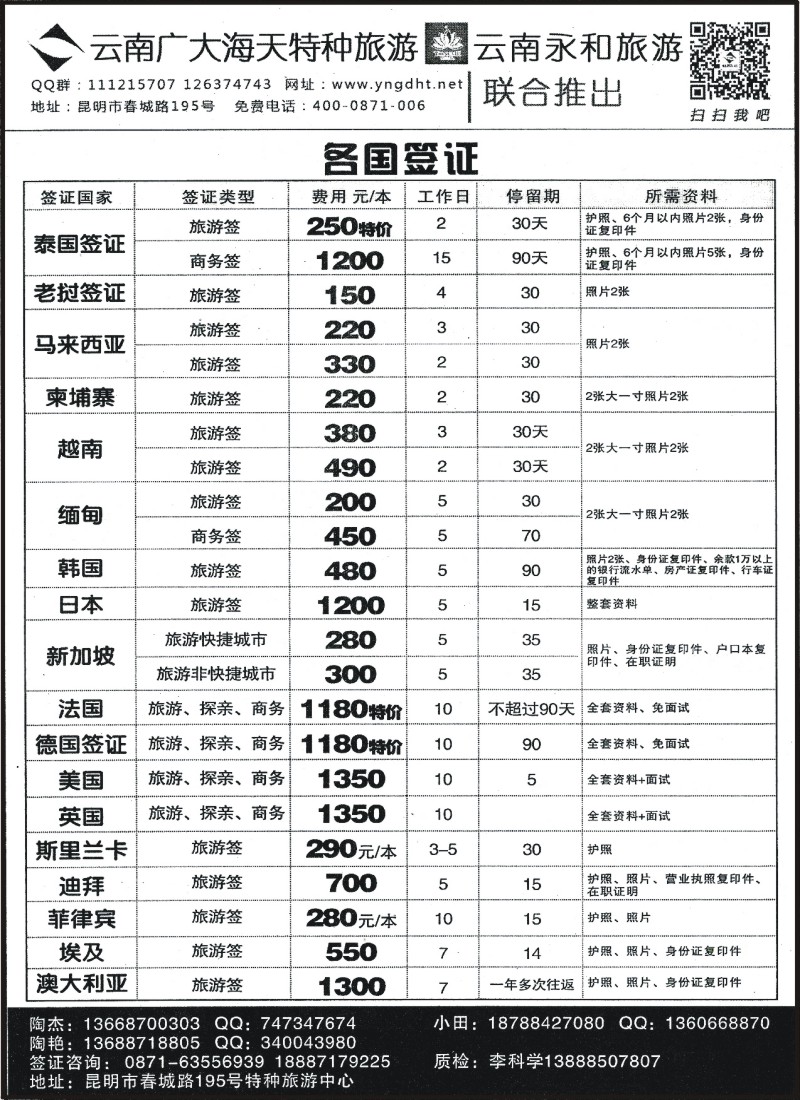 国际086 云南广大海天旅行社-各国签证