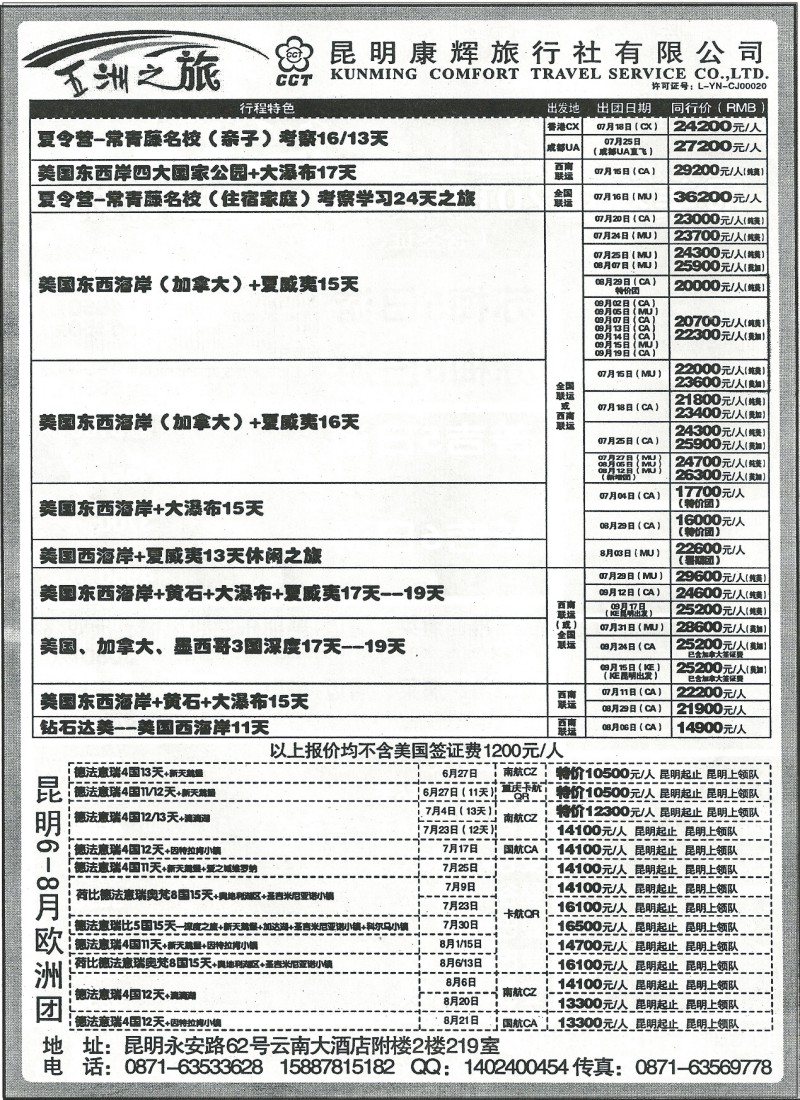 国际250 昆明康辉219-五洲之旅欧洲、美洲专线