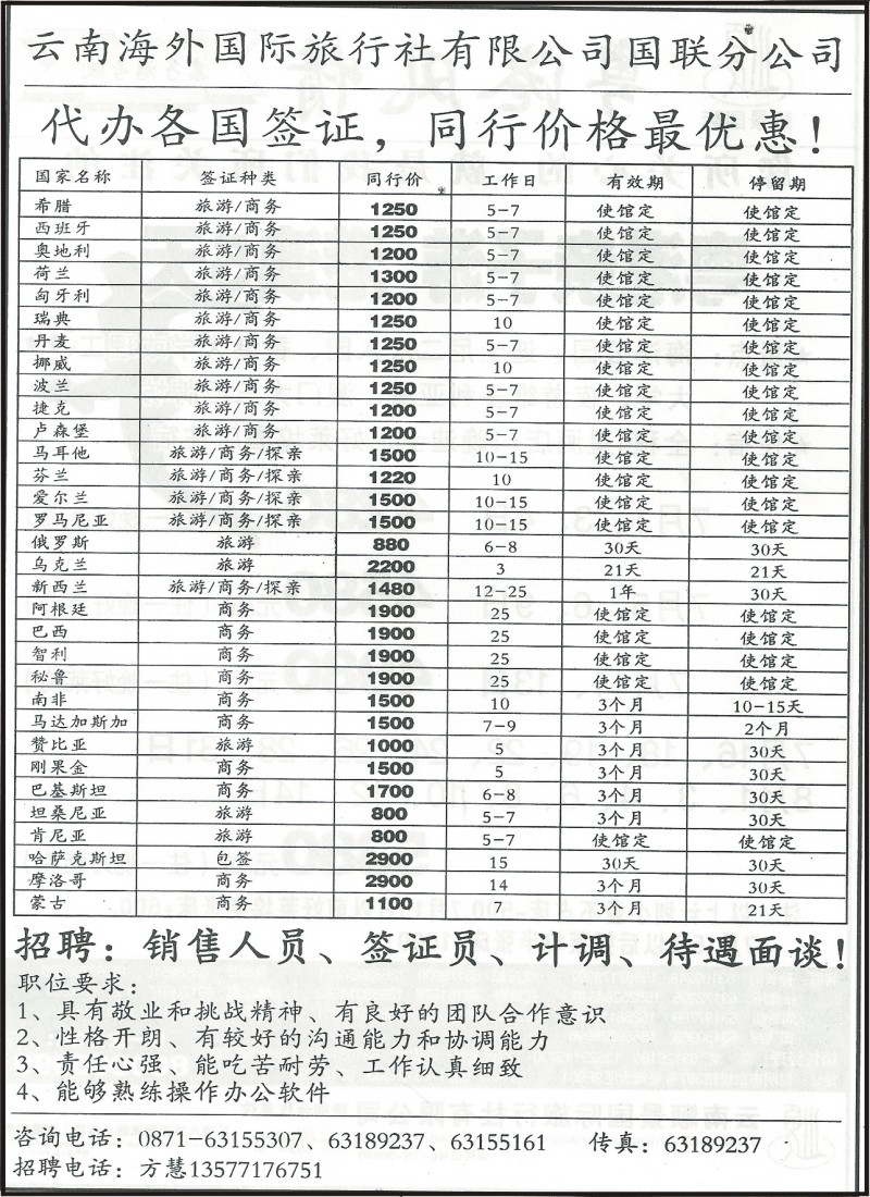 z国际177 云南海外（国联分公司）各国签证2