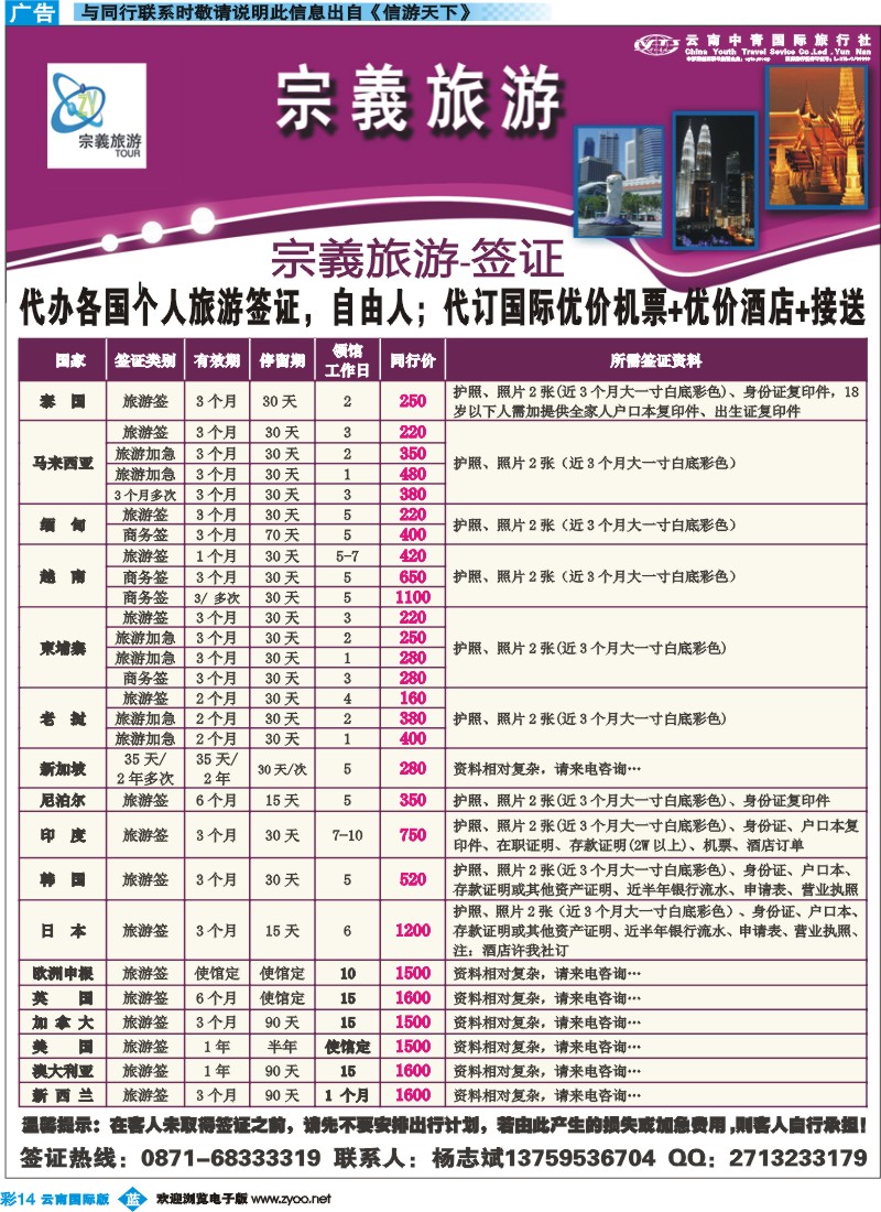 彩b014 云南中青国旅-宗義旅游-签证15彩