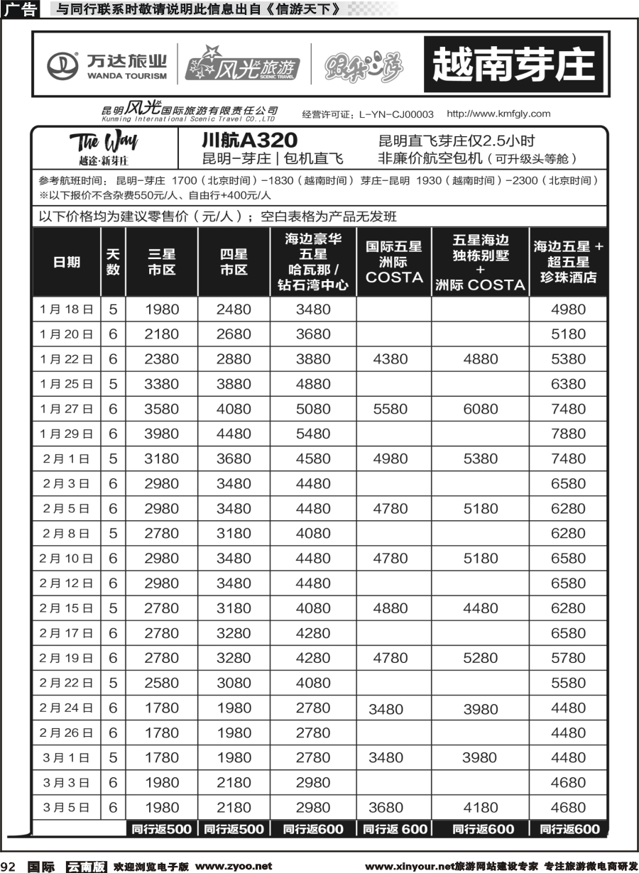 b092 昆明风光国旅-跟我游-越南芽庄  包机直飞