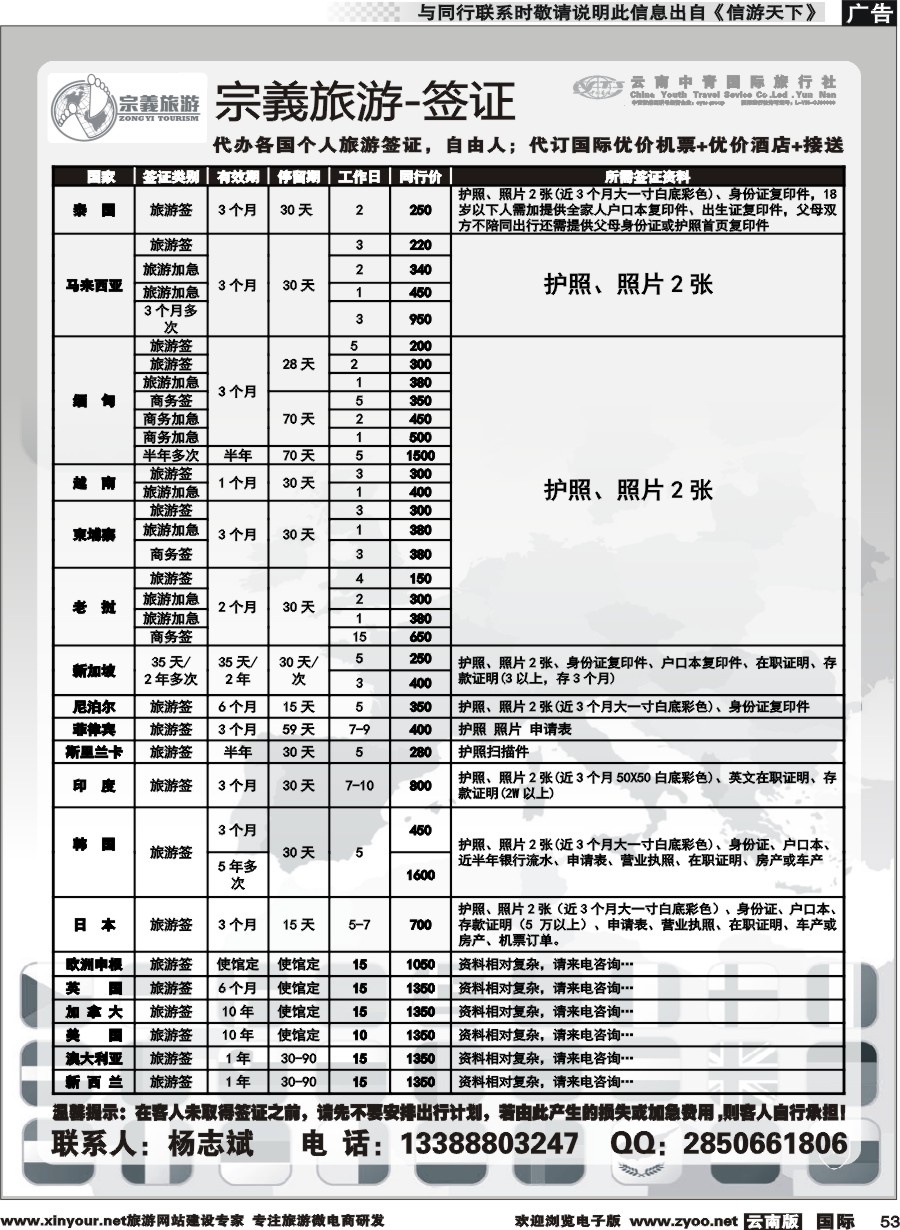 b053 云南中青国旅-宗義旅游-签证 