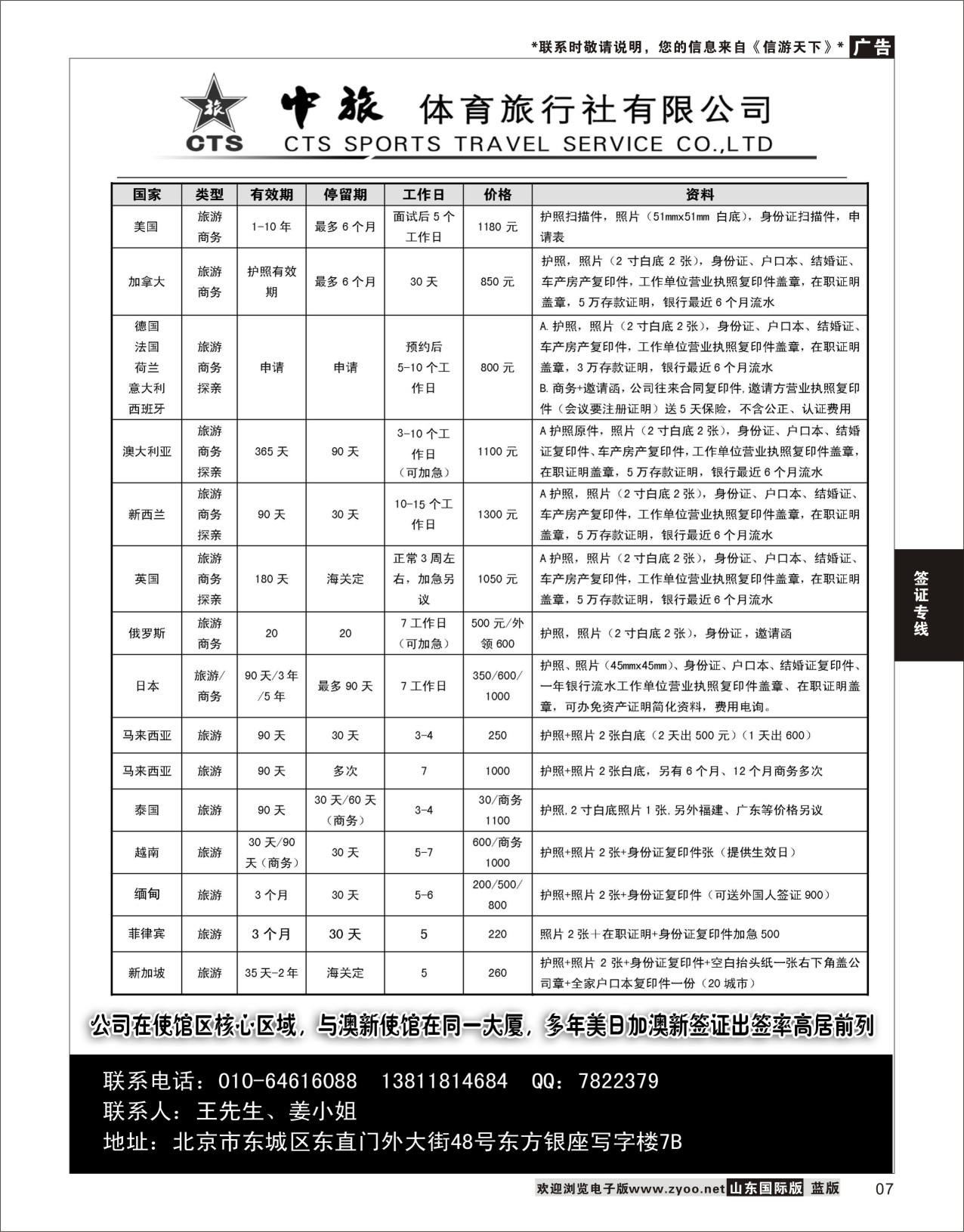 7 中旅体育旅行社有限公司  签证专线