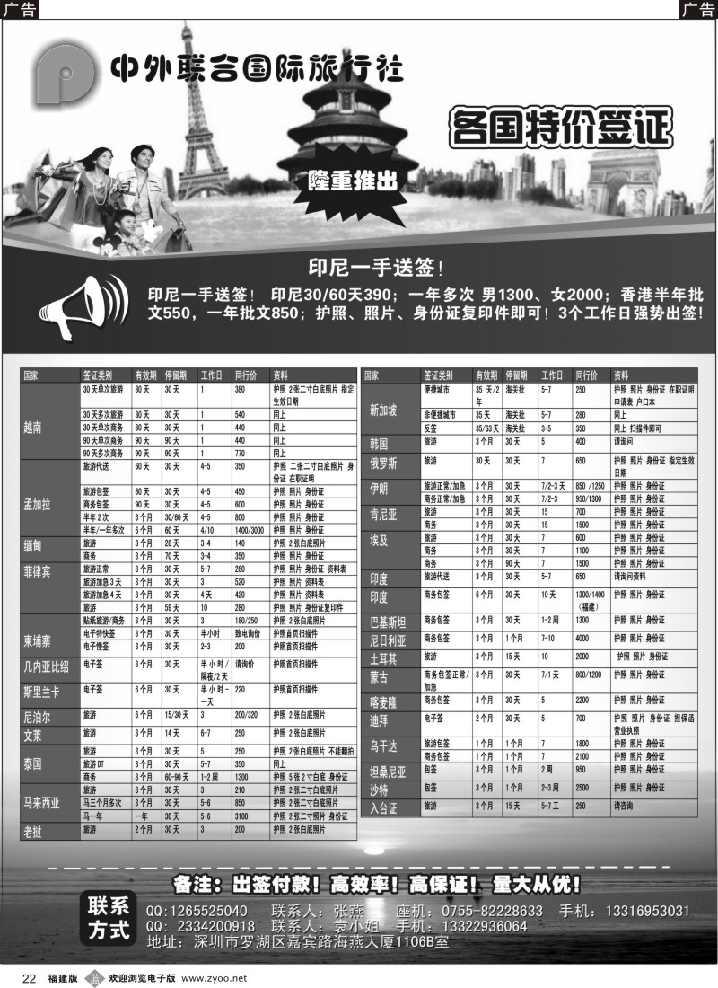 b22 中外国旅签证中心特价东南亚一手签证
